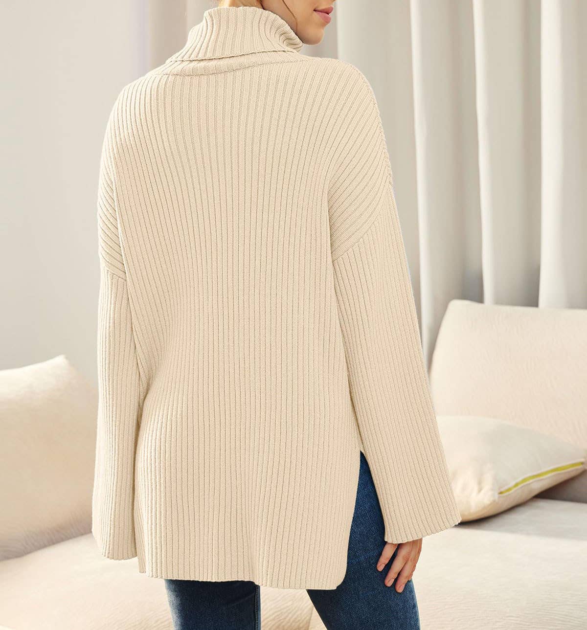 SPLIT TURTLENECK SOLID COLOR RIB KNIT SWEATER