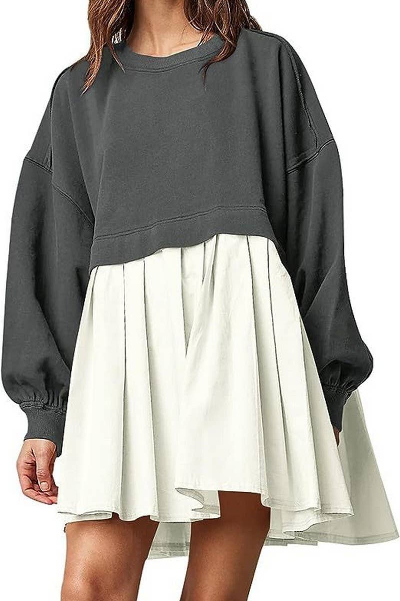 CWDSD10615_FAKE TWO-PIECE COLORBLOCK LOOSE PLEATED DRESS