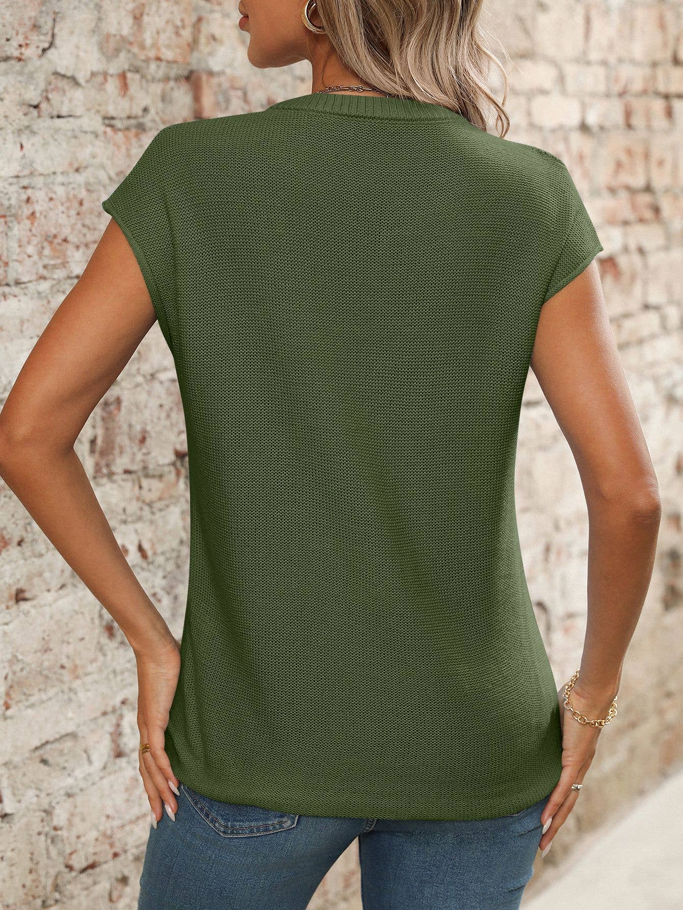 V-neck solid color knitted translucent sweater