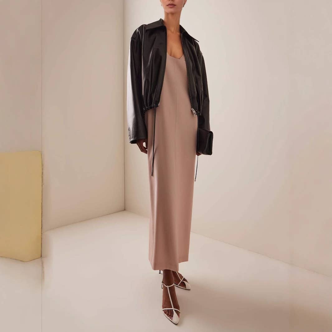 Lapel lustrous leather hem drawstring coat