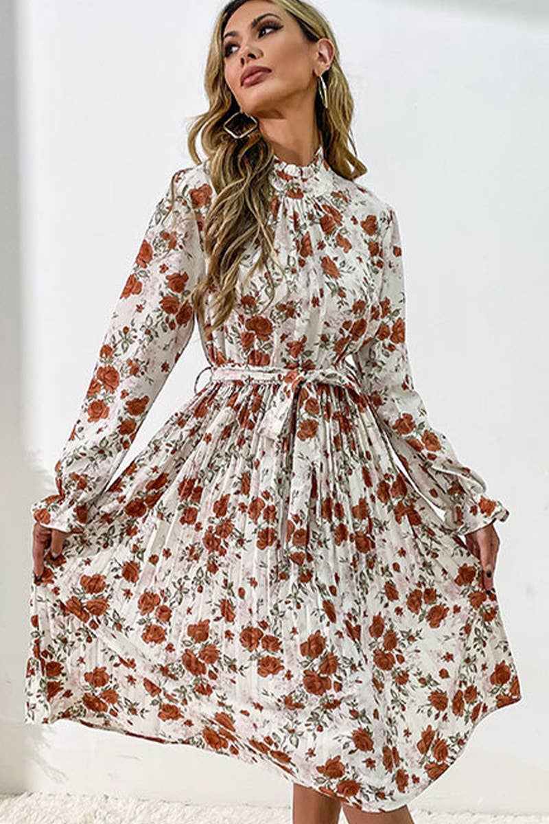 PRINTED LONG-SLEEVED HALF-TURTLENECK DRESS