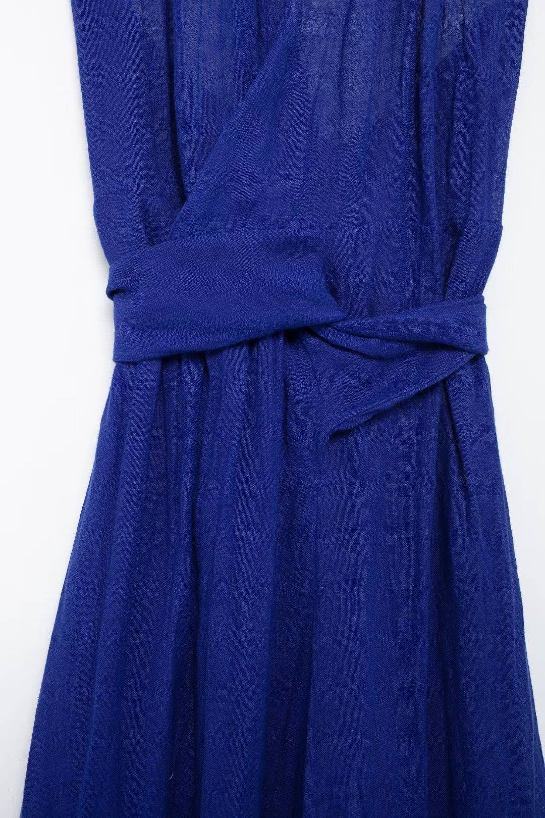 STYLISH LINEN BLEND LONG DRESS WITH NECK AND WAIST