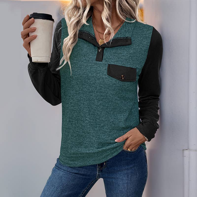 LAPEL ZIPPER CASUAL COLOR PATCHWORK HOODIE