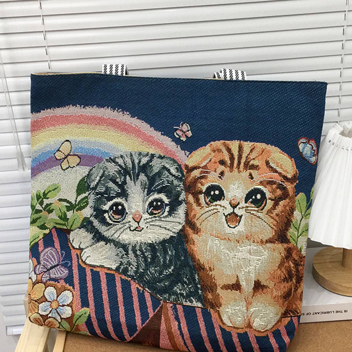 CUTE CAT EMBROIDERED CANVAS SHOULDER BAG TOTE BAG_CWAB1676
