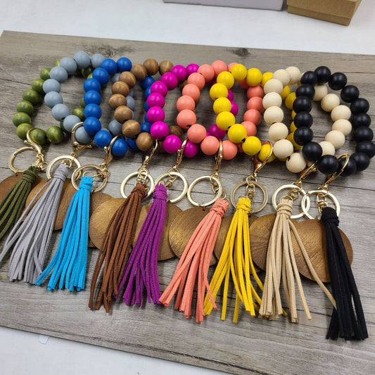 MULTI COLORED WOODEN BEAD BRACELET KEYCHAIN