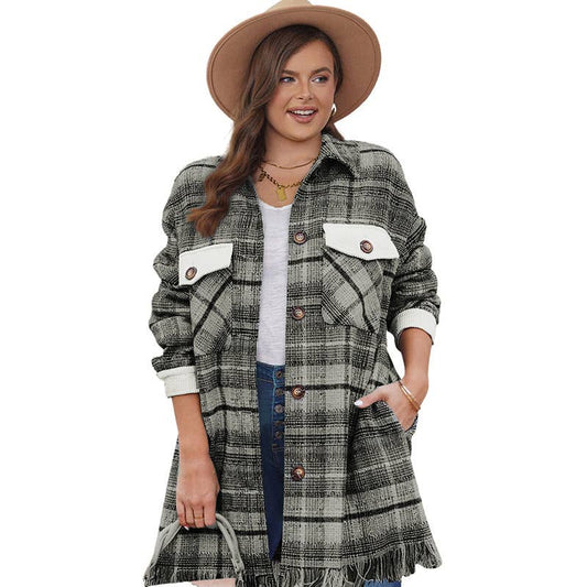 Stylish fringe pocket plaid blouse jacket for women
