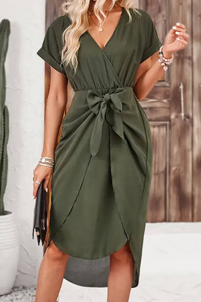 CWDSD7412_SOLID SLIT WRAP TIE SHORT SLEEVE DRESS