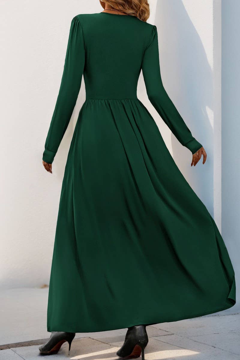 CWDMD3564_V-NECK SOLID COLOR SLIT SLIM MAXI DRESS