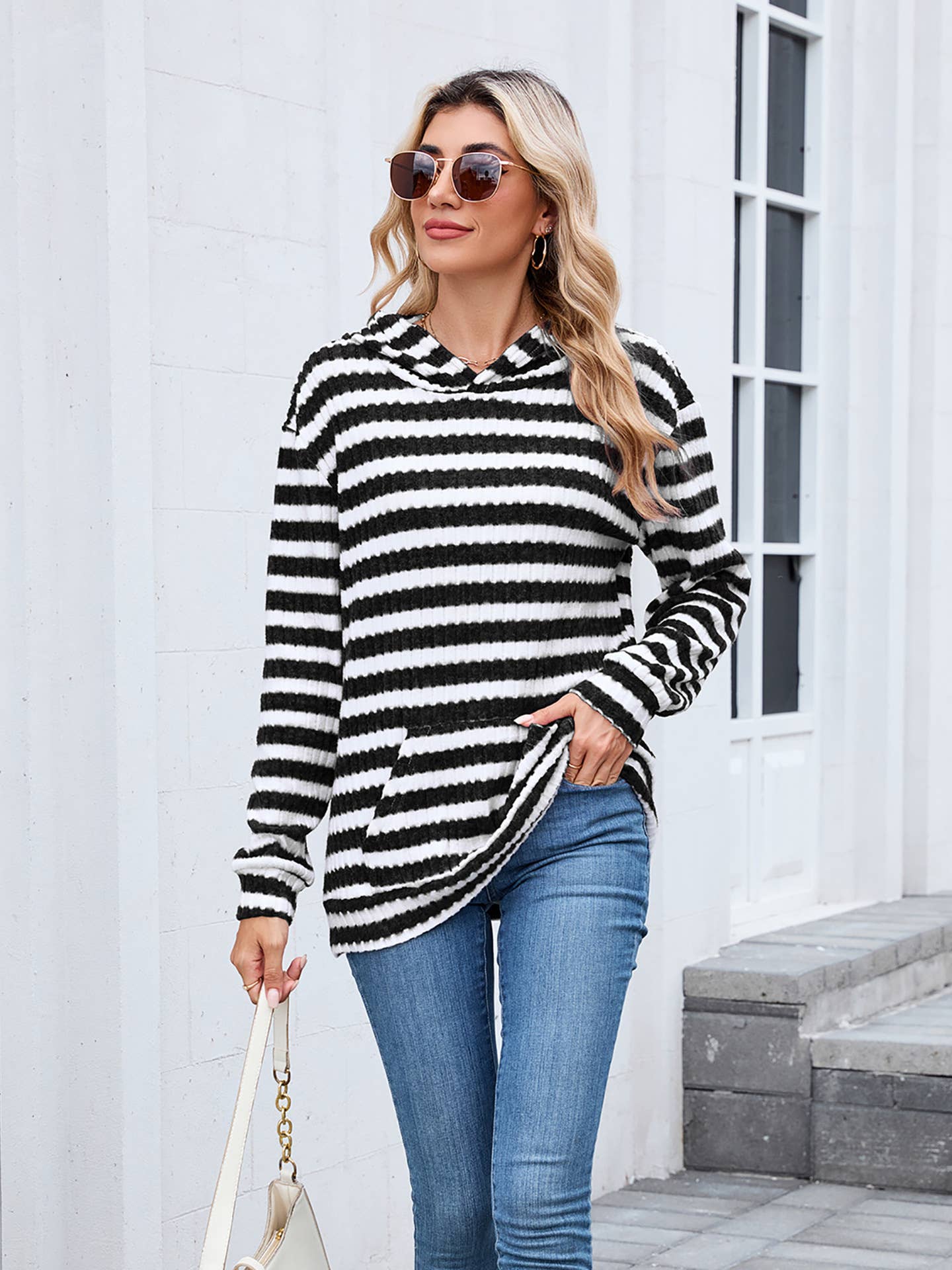 Striped hooded loose long-sleeved sweatshirt