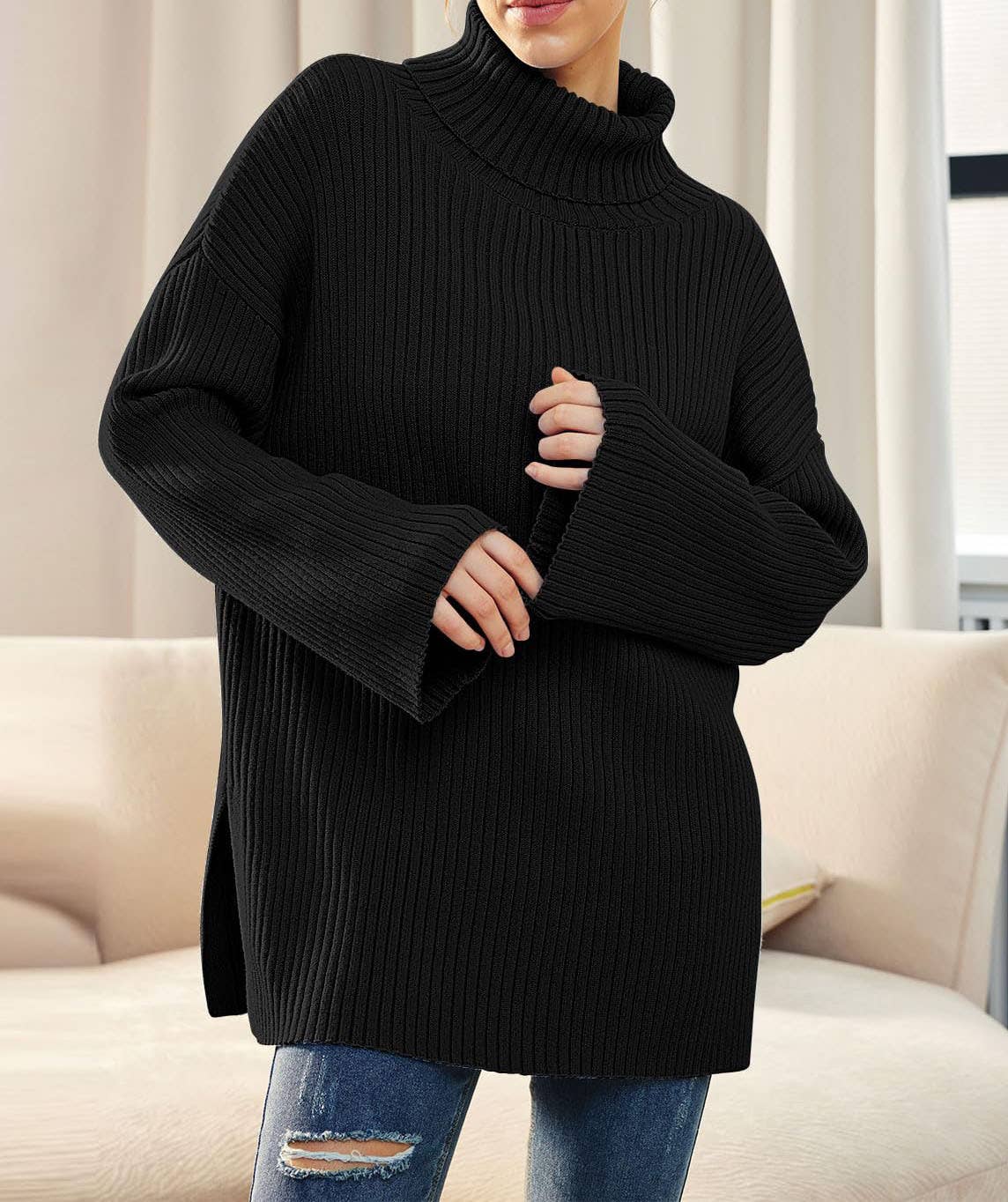 SPLIT TURTLENECK SOLID COLOR RIB KNIT SWEATER