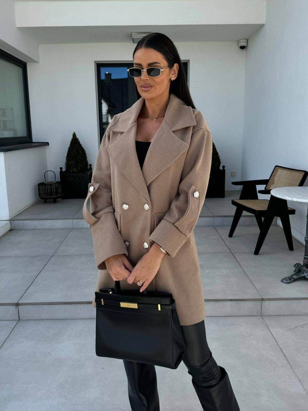 Solid-color H-shaped suit collar long jacket