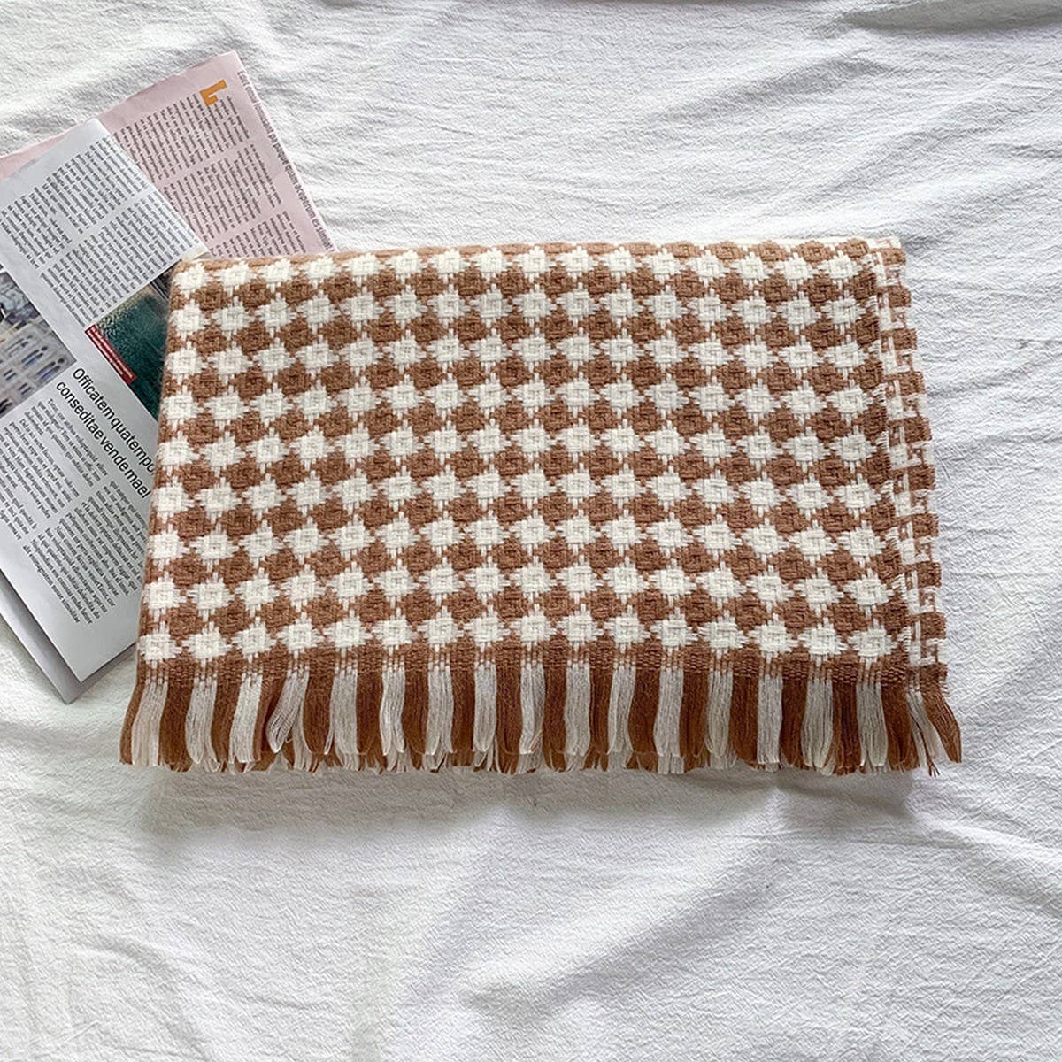 WINTER WARM LATTICE LARGE SCARF FRINGE SHAWL