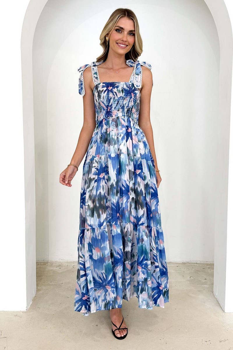 CWDMD5611_SPAGHETTI STRAP FLORAL SMOCKED WAIST MAXI DRESS