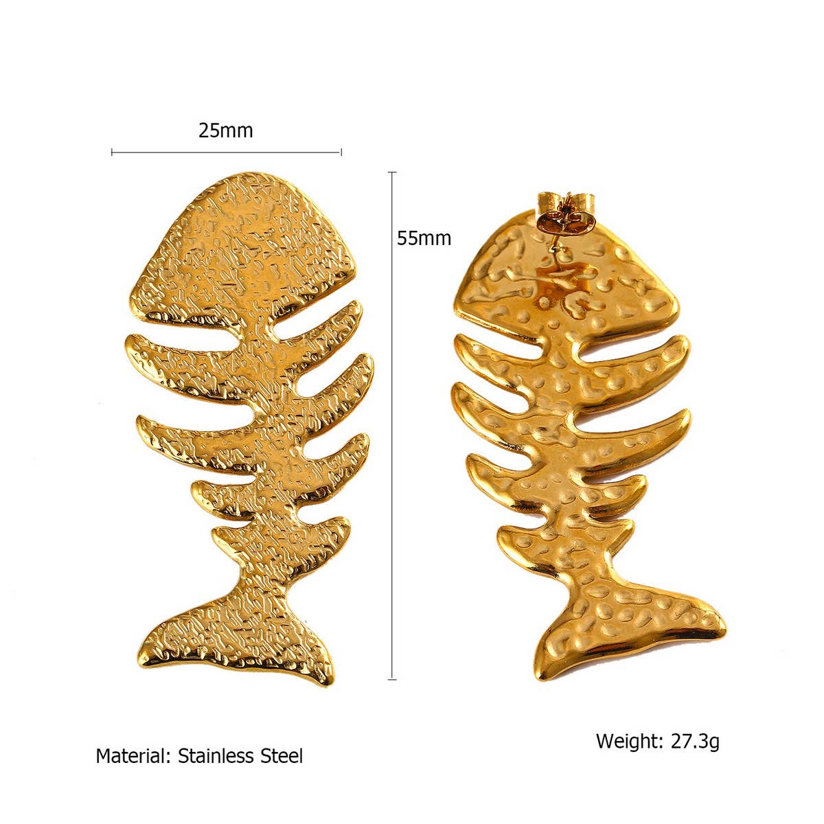 18K Stainless Steel Fishbone Earrings, Ocean Style_CWMM8892