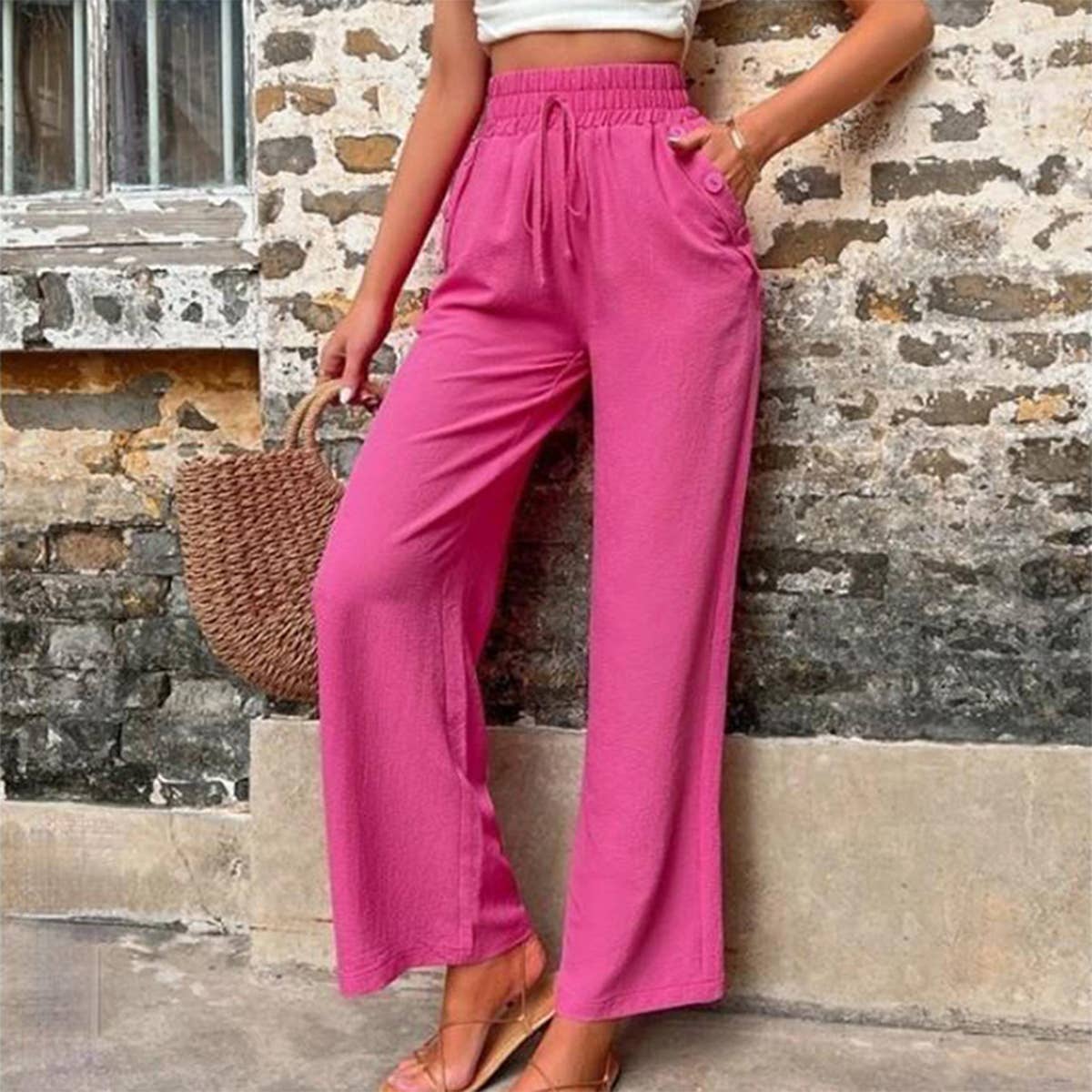 High Waist Elastic Straight Pants with Pockets