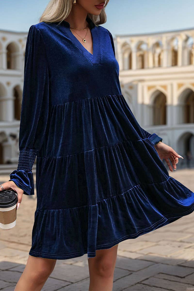 CWDMD3552_V-NECK LONG-SLEEVED SOLID COLOR VELVET DRESS