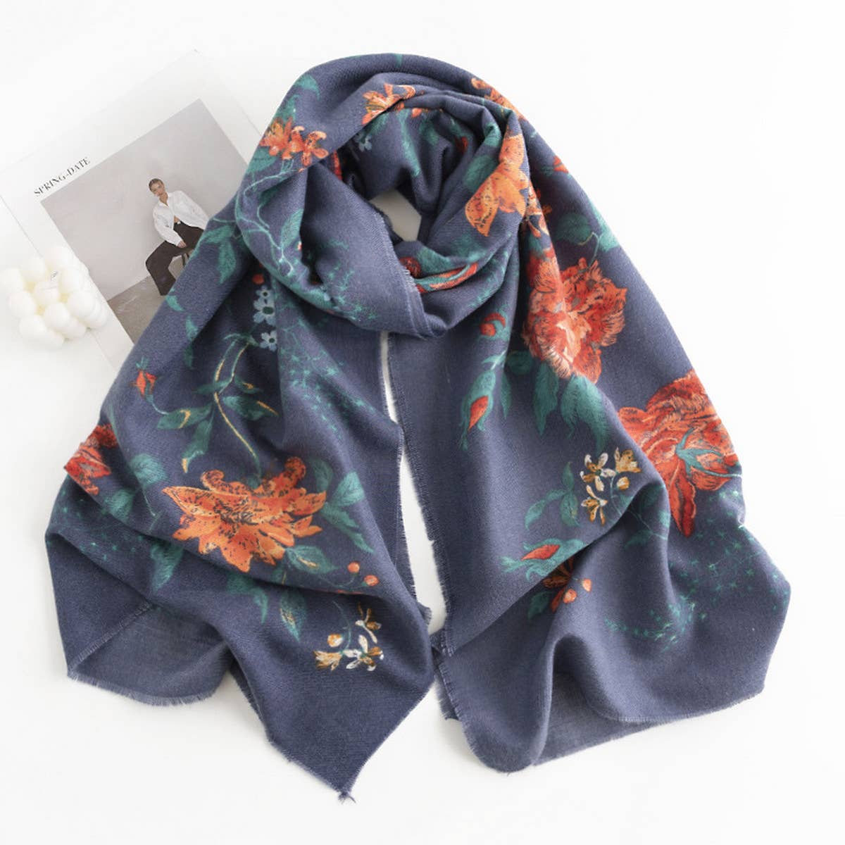 Rose Print Tassel Scarf - Boho Faux Cashmere Wrap