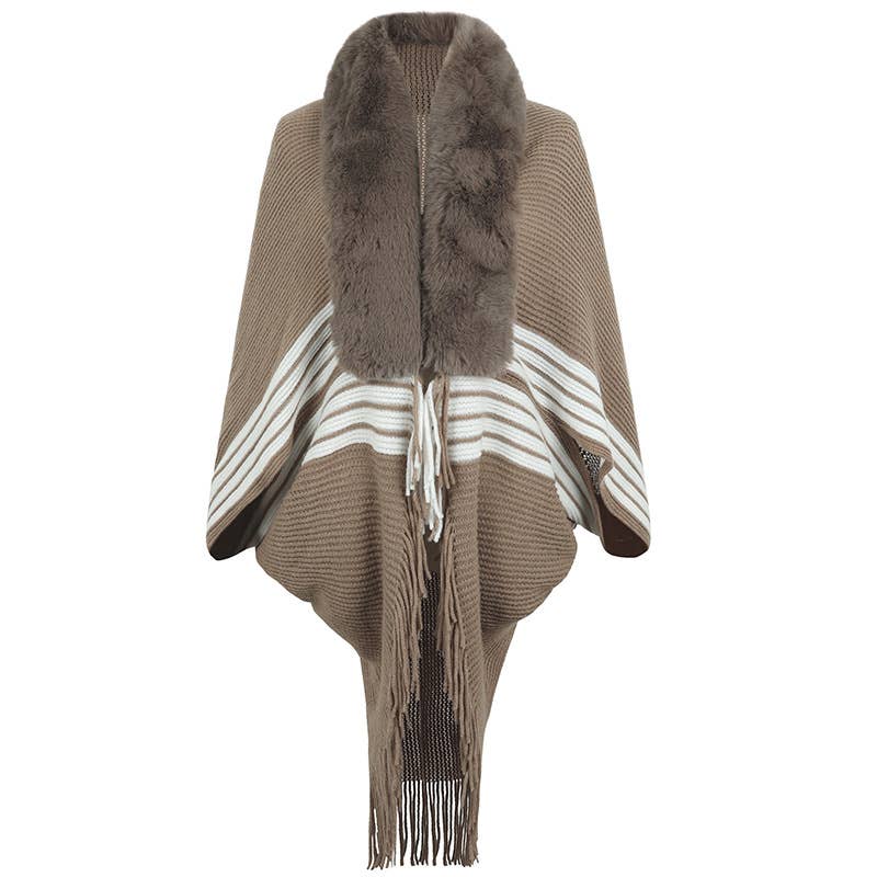 FRINGE CAPE SHAWL KNIT STRIPED FUR COLLAR SCARF