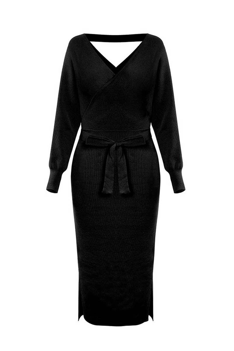 CWDMD4003_SOLID COLOR SLIM V-NECK LACE-UP KNITTED DRESS