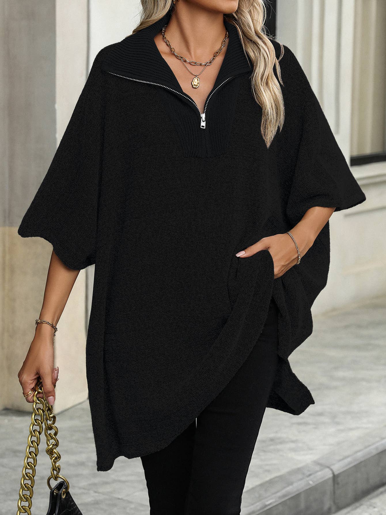 Long knit bat-sleeve zip-up lapel sweater