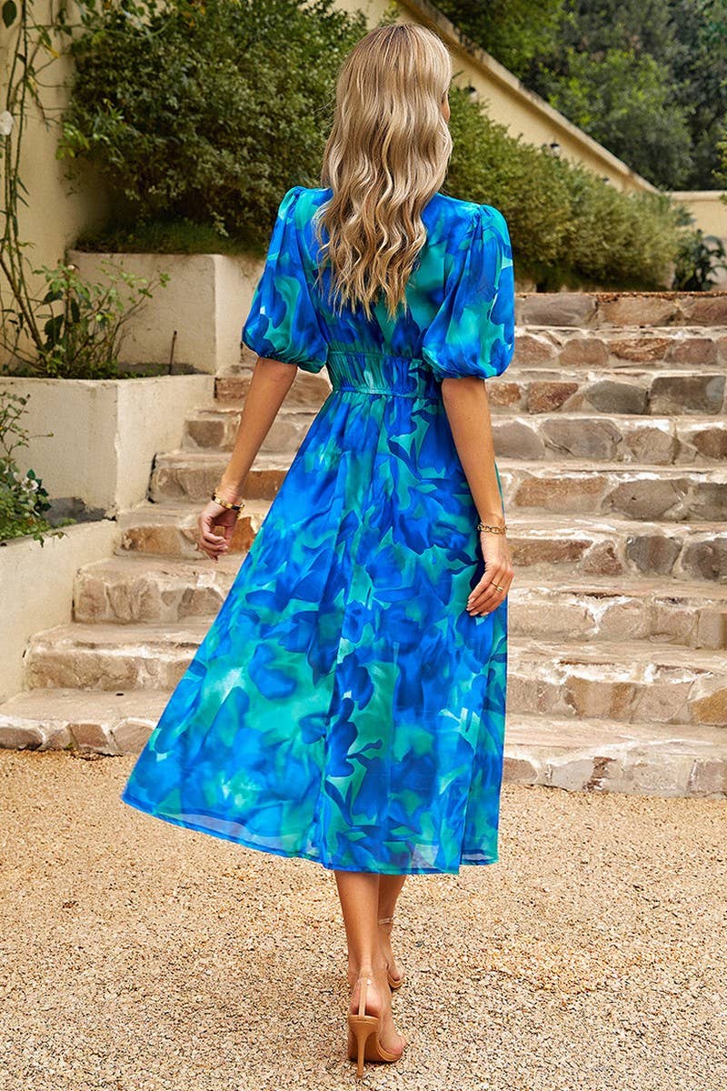 TEMPERAMENT WAIST V NECK PRINTED DRESS_CWDSD2401