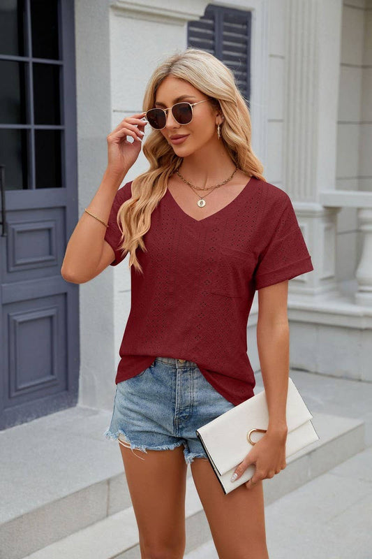 Cwtts0827_V-Neck Short Sleeve Knit Top
