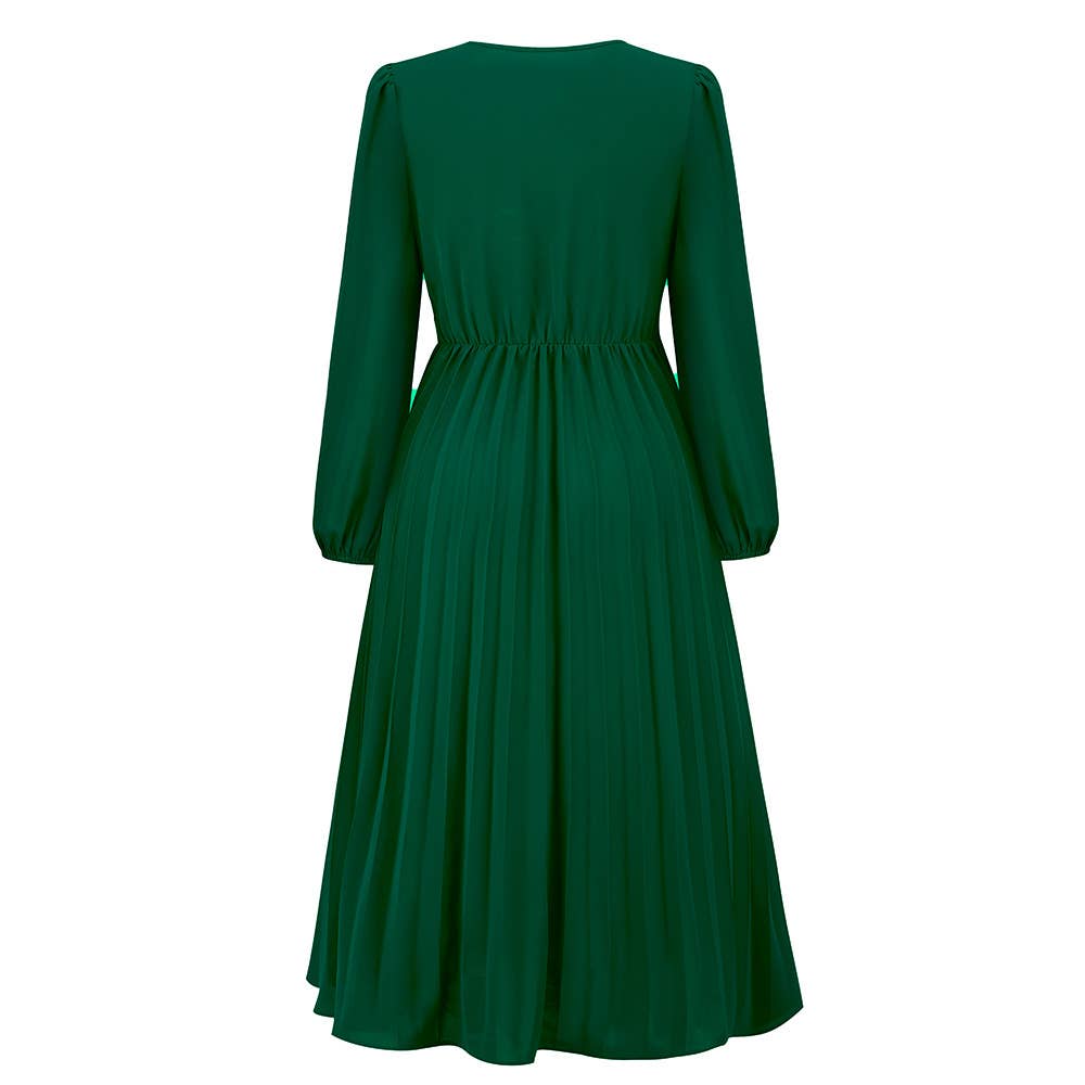 Long Sleeve Fit Pleated Waist Belt V-neck Dress