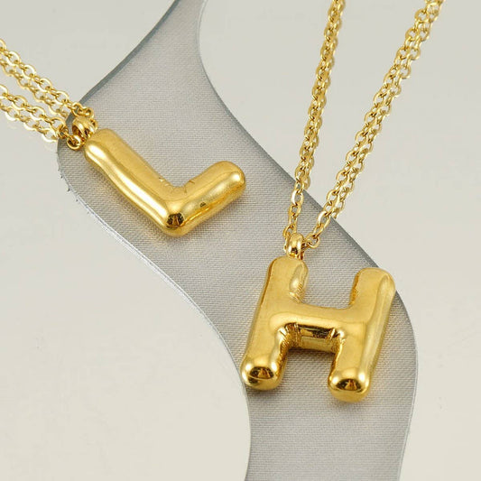 CWAJE1933_Stainless Steel Glossy Bubble Letter Necklace Gold