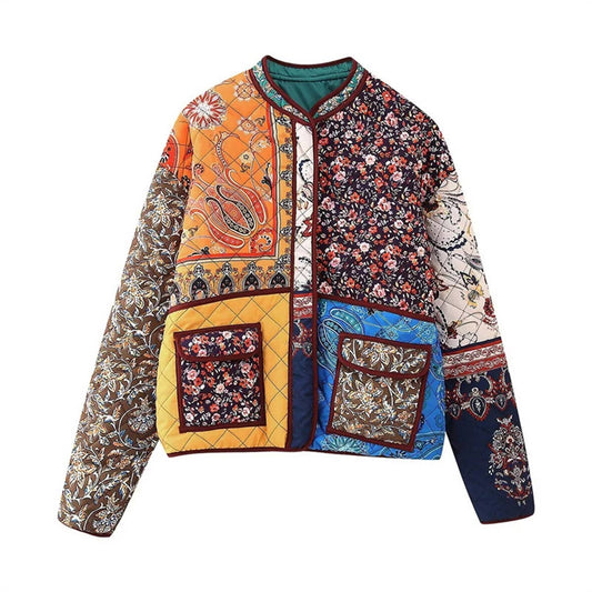 Vintage art style patchwork collared cotton jacket