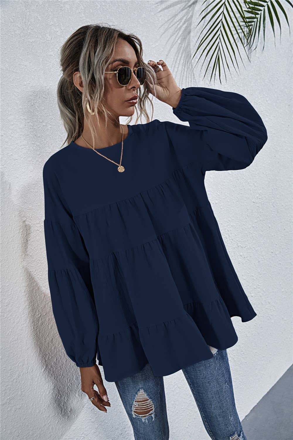 SOLID COLOR ROUND NECK LANTERN SWING LOOSE TOP