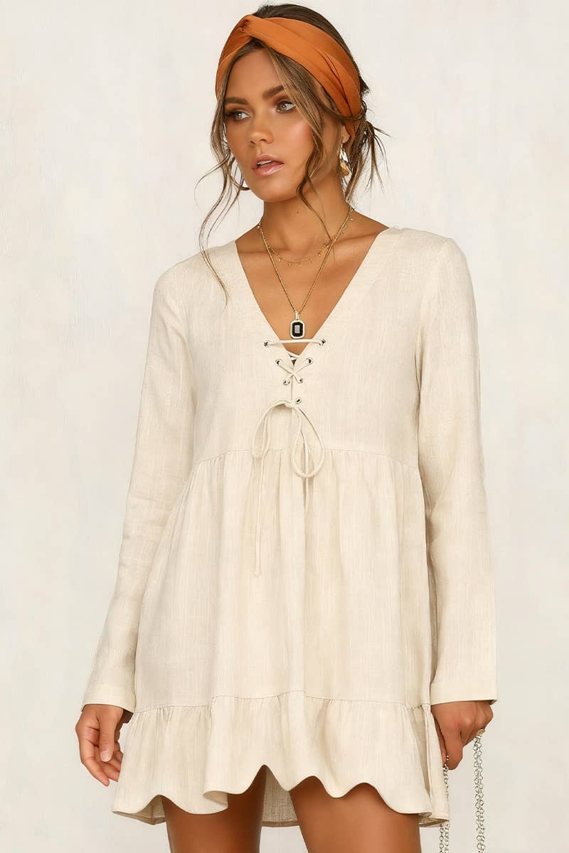 Rivet laced cotton linen long-sleeved dress