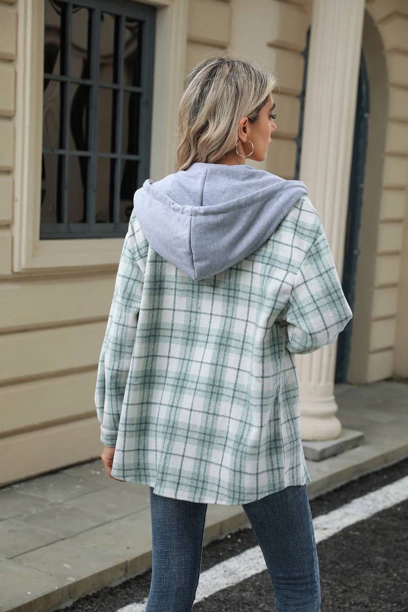 CWOCO0491_HOODED BUTTON-DOWN PLAID LONG-SLEEVED COAT