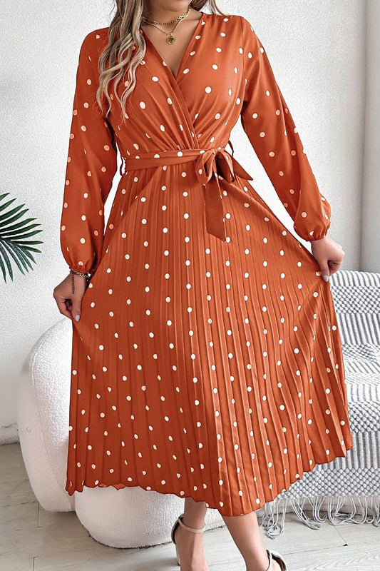 CWDMD3946_FALL V-NECK POLKA-DOT PLEATED LACE-UP DRESS