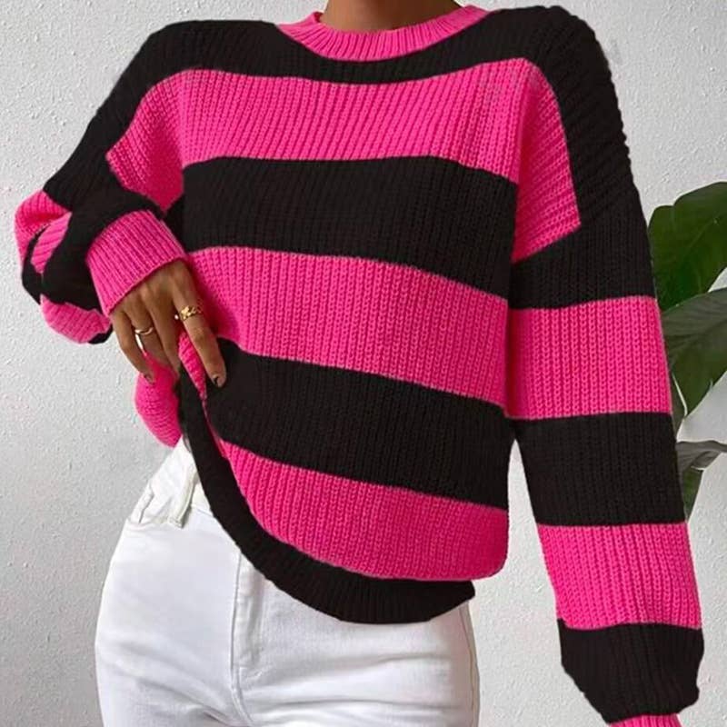 STRIPED SWEATER PULLOVER CREW-NECK SWEATER