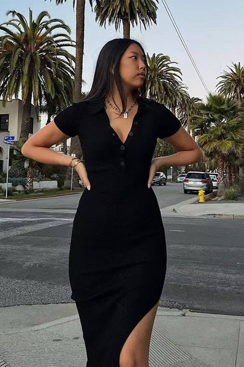 CWDMD4900_SOLID COLOR LAPEL SHORT SLEEVE SLIT DRESS