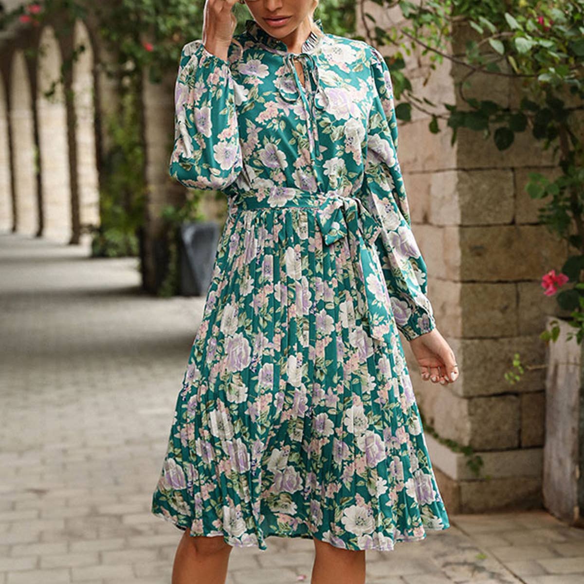 Pleated print long-sleeved vintage dress