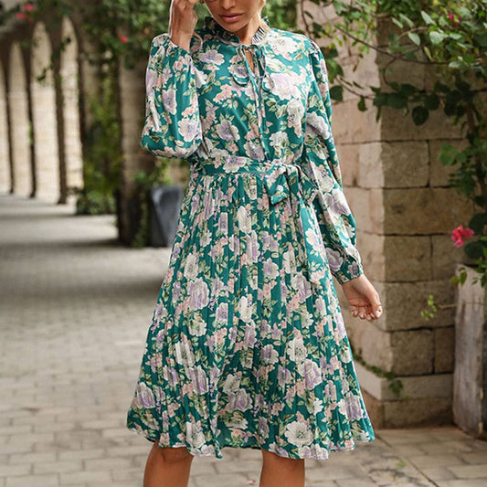 Pleated print long-sleeved vintage dress