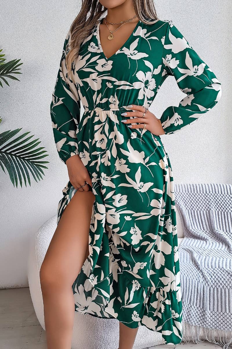 CWDMD3446_V-NECK PRINT LONG-SLEEVED DRESS WITH WAIST TUCKED