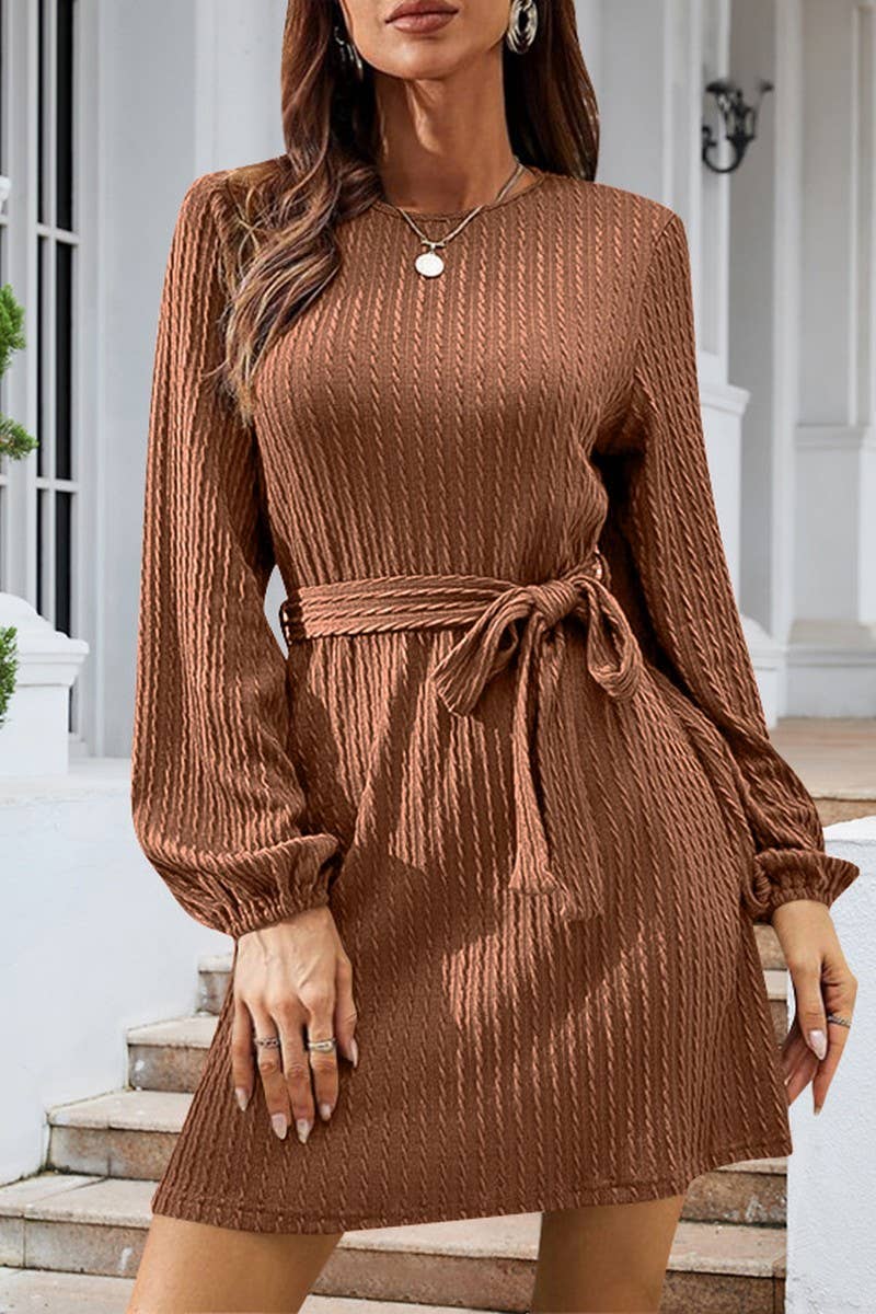 CWDSD7222_NEW STYLE CABLE KNITTED PUFF SLEEVE CASUAL DRESS
