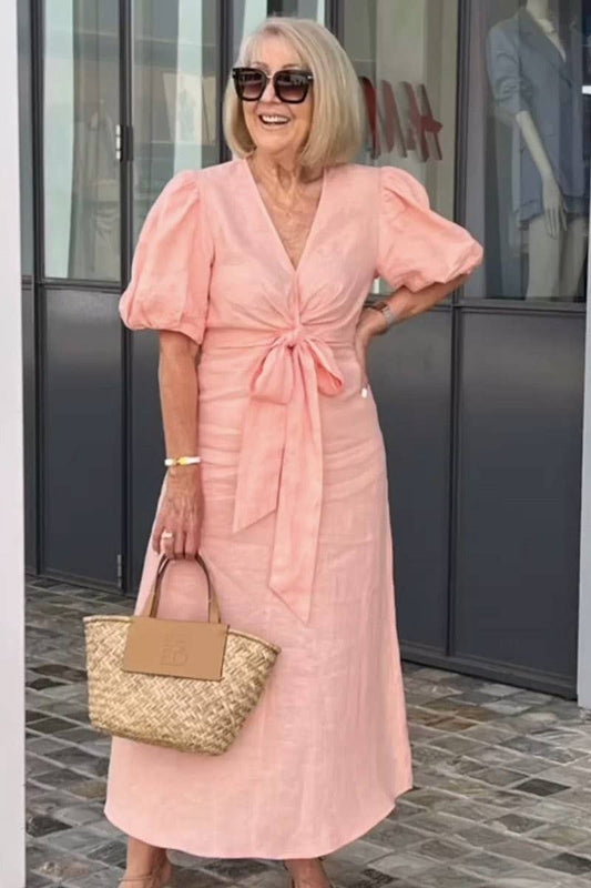 CWDMD4156_V-NECK TIE PUFF SLEEVE SHORT-SLEEVED DRESS