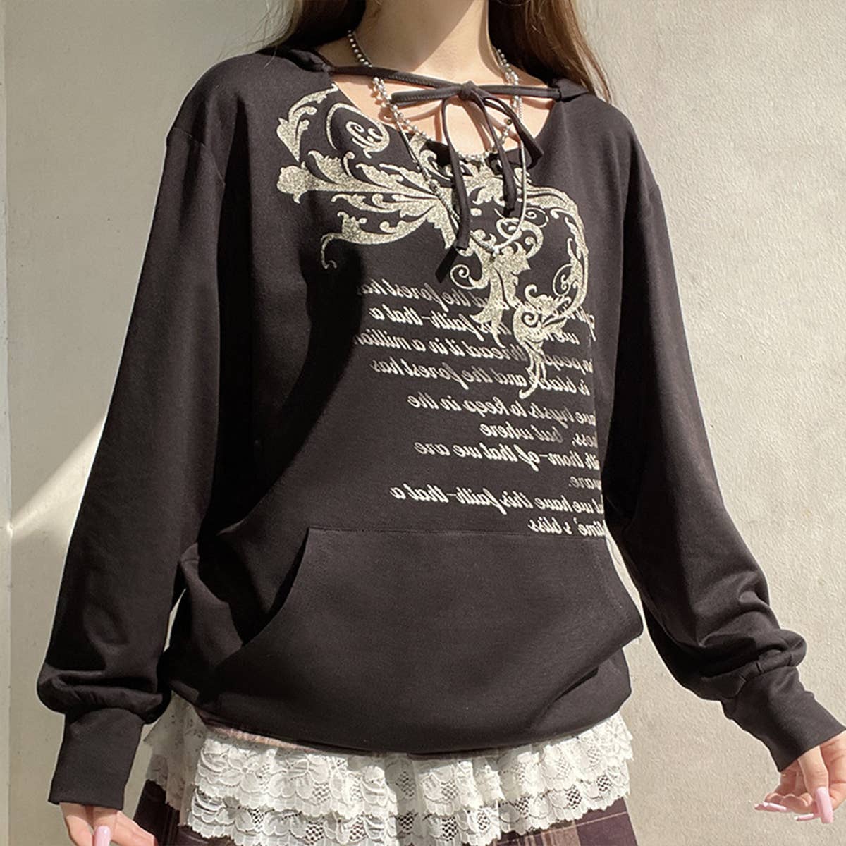 VINTAGE PRINT LOOSE PULLOVER LONG-SLEEVED HOODIE
