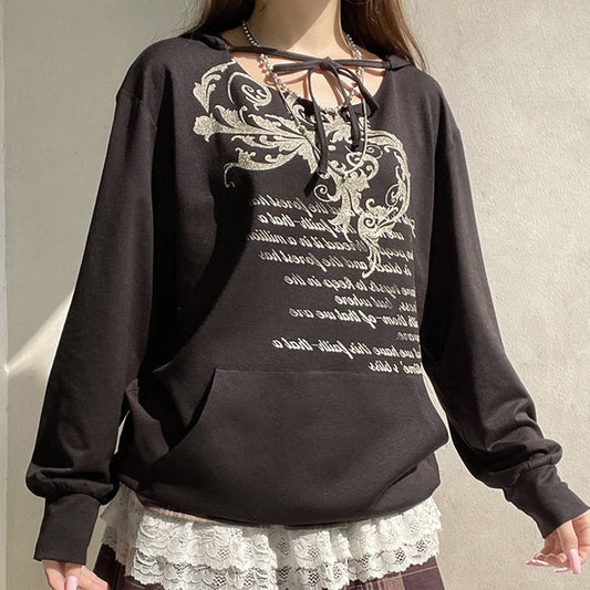 VINTAGE PRINT LOOSE PULLOVER LONG-SLEEVED HOODIE