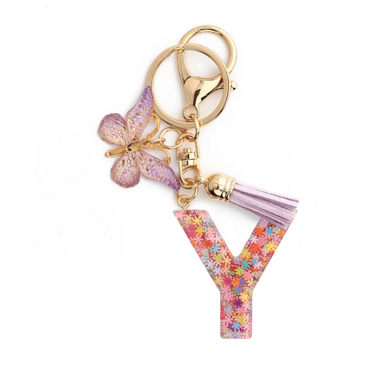Pink Snowflake Letter Butterfly Keychain_CWMM6865