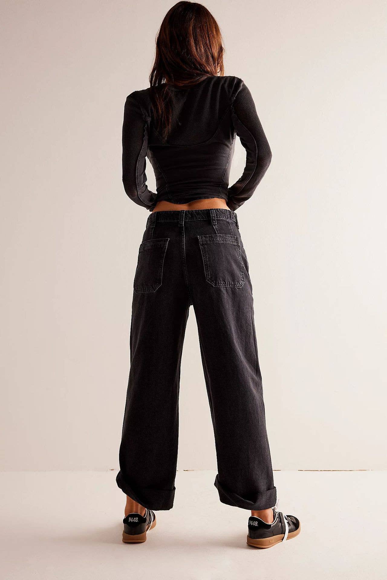 Non-elastic washed straight-leg workwear jeans