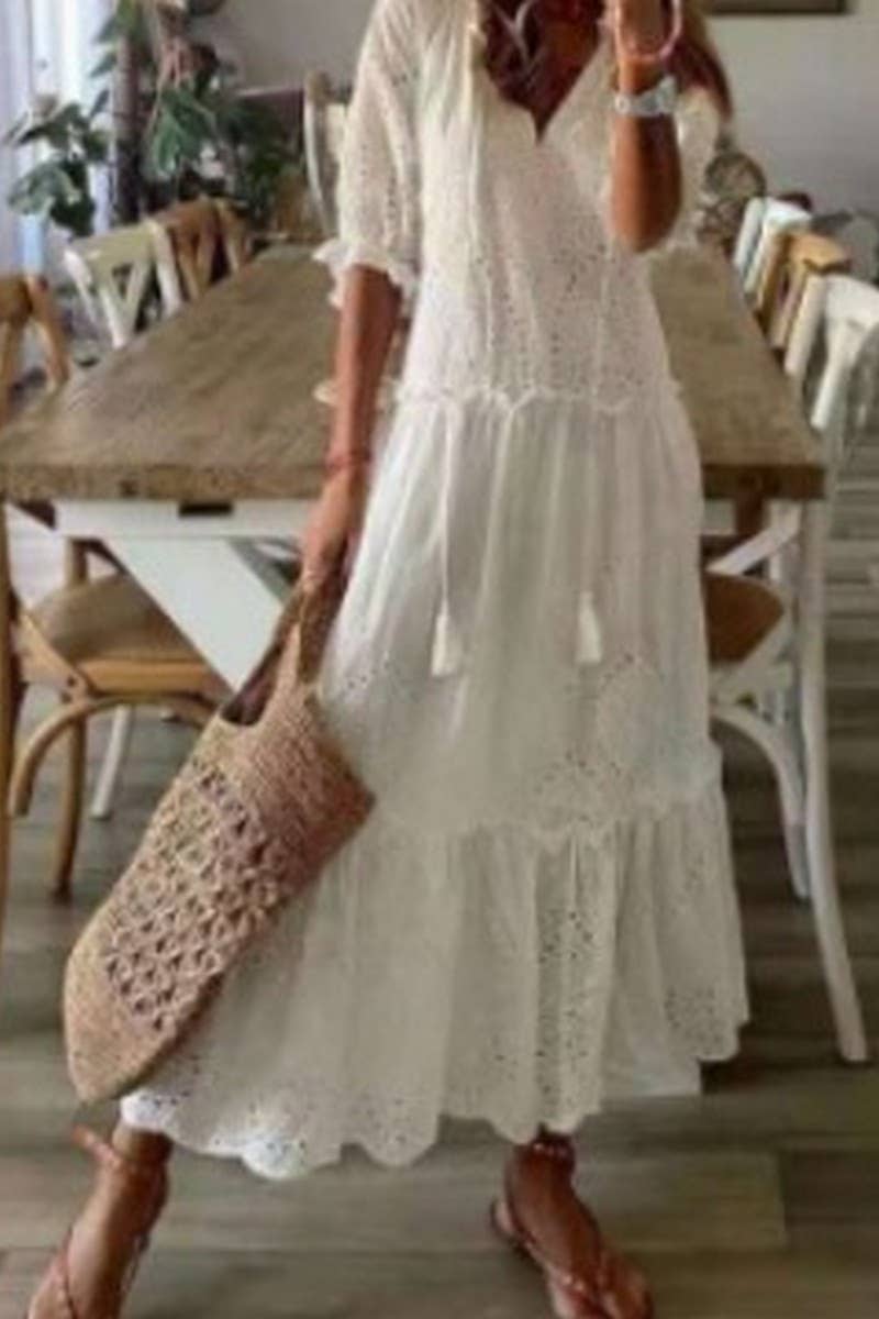 CWDMD5691_EMBROIDERED V-NECK TIE FRONT COTTON MAXI DRESS