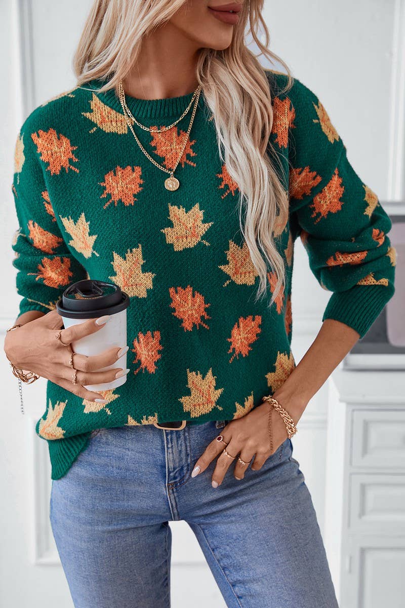 CWOSWL07063_MAPLE LEAF JACQUARD CASUAL PULLOVER SWEATER