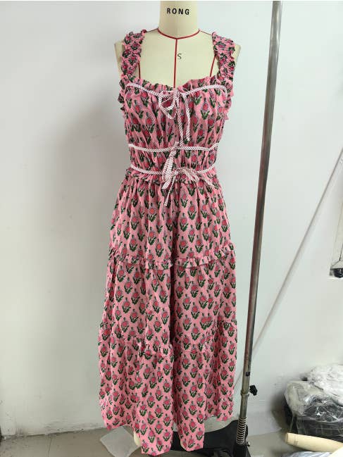 Vacation style long French floral halter dress
