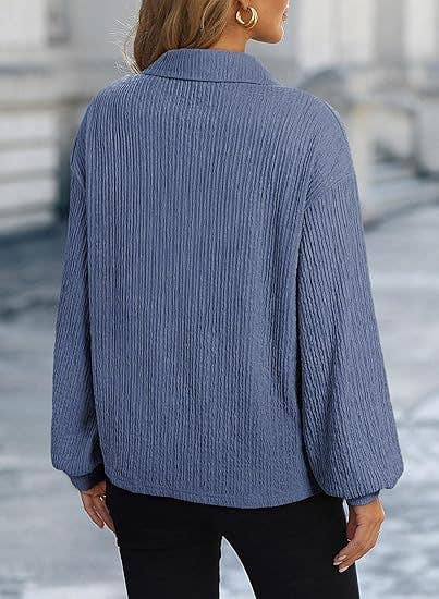 SOLID COLOR LAPEL LOOSE LONG-SLEEVED POLO SHIRT