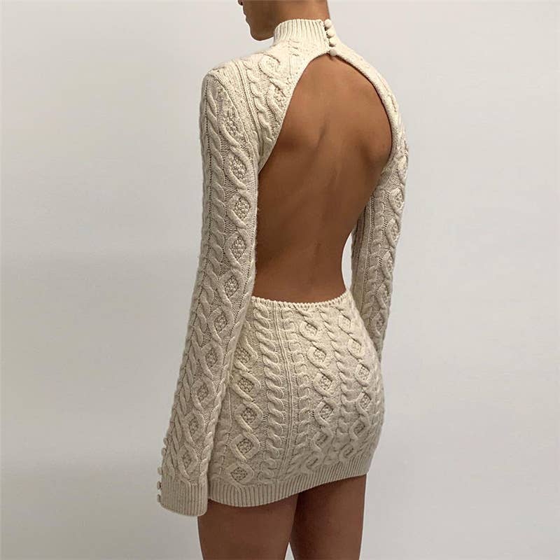 LONG-SLEEVED BACKPACK-BARE HIP KNIT DRESS