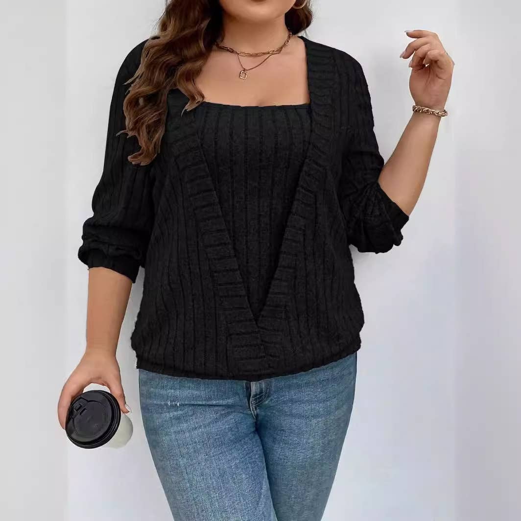 PIT STRIP V-NECK LONG SLEEVE FAKE TWO-PIECE SET